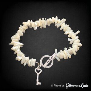 Marsala Mother of Pearl Chips and Key Charm Sterling Silver Bracelet